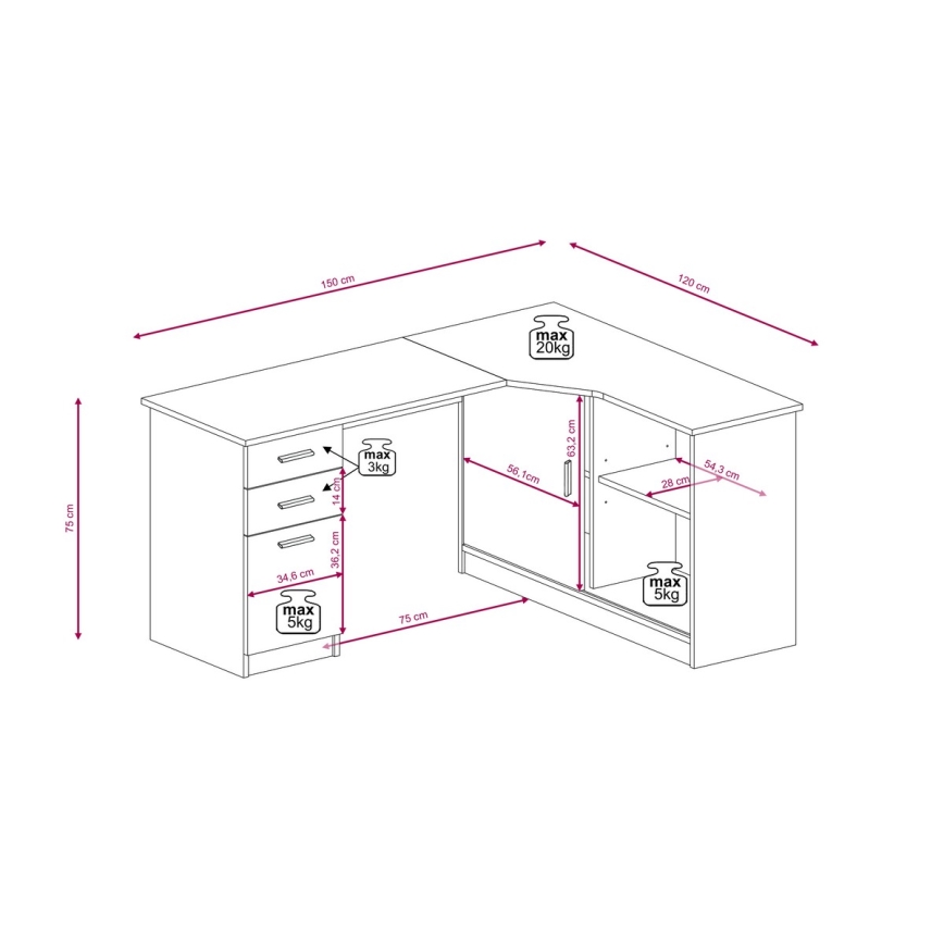 Písací stôl s poličkou a zásuvkami ROBERTO, pravostranný, dub artisan/biela
