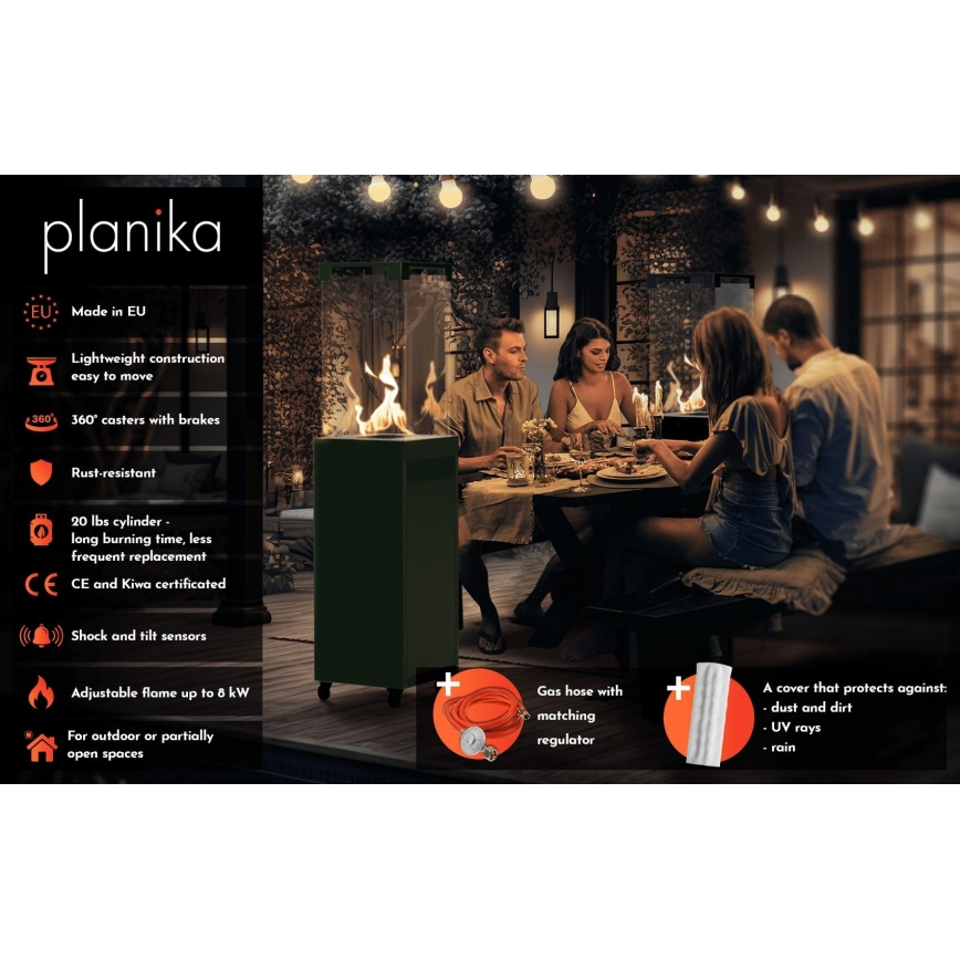 Planika - Vonkajší plynový krb 142x36 cm 8kW 1xAAA zelená + ochranný kryt