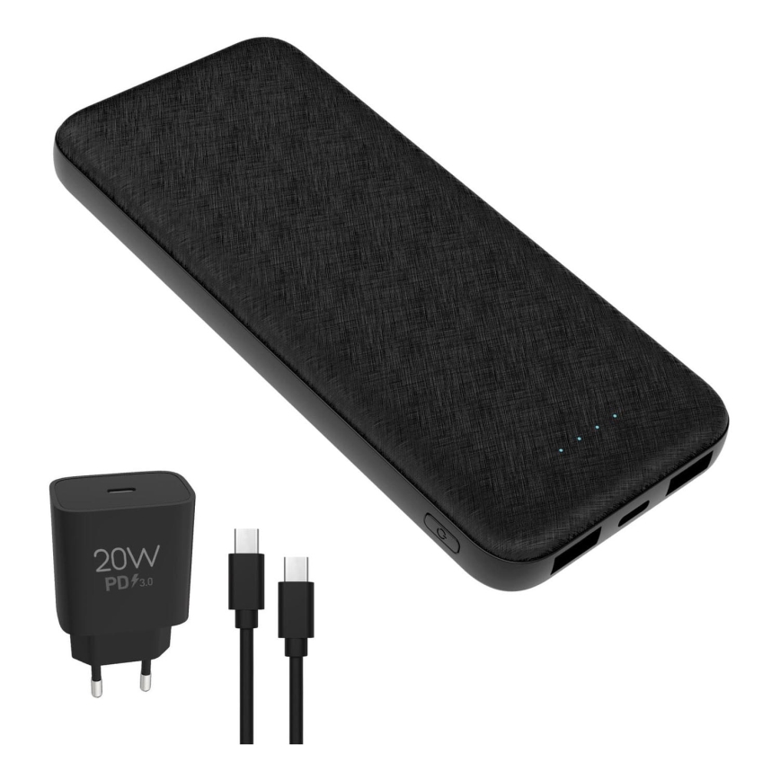 Powerbanka 10000 mAh + adaptér 20W Power Delivery + USB-C/USB-C kábel 1m čierna