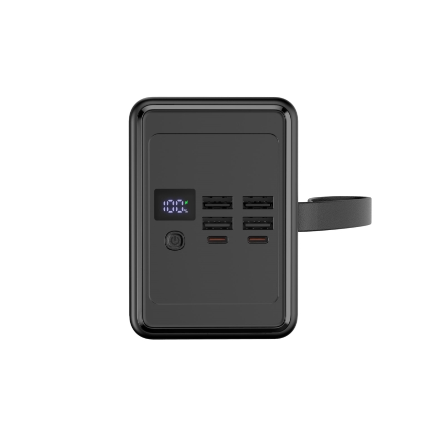 Powerbanka 8000 mAh s Power Delivery, 4× USB-A + 2× USB-C, LED svietidlom a 1 m USB-C káblom, čierna