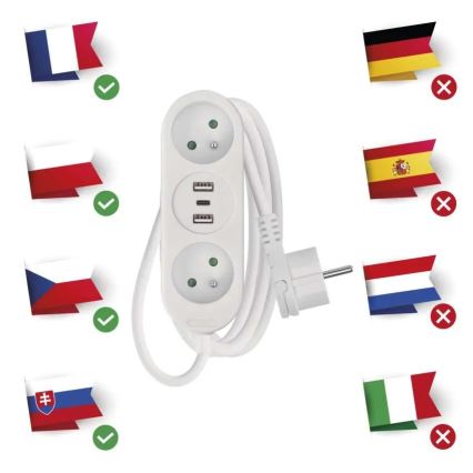 Predlžovací kábel 2Z + 2x USB-A + USB-C 1,4 m