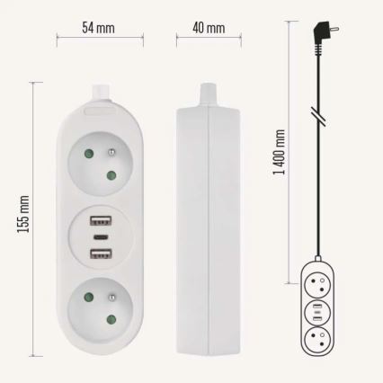 Predlžovací kábel 2Z + 2x USB-A + USB-C 1,4 m