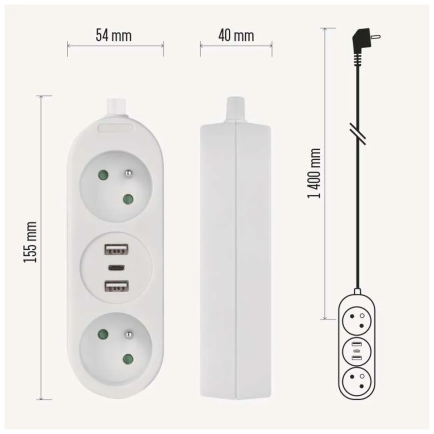 Predlžovací kábel 2Z + 2x USB-A + USB-C 1,4 m