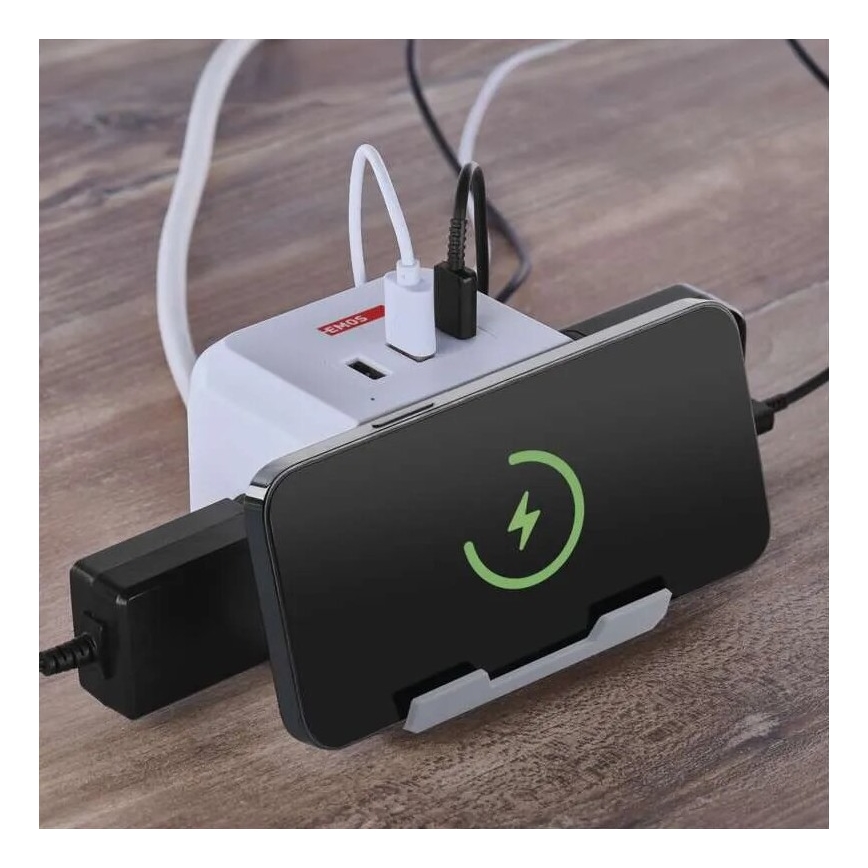 Predlžovací kábel kocka s bezdrôtovým nabíjaním QI 2Z +2xUSB-A+1xUSB-C 2m biela