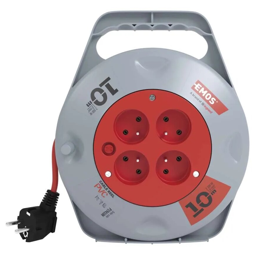 Predlžovací kábel na bubne so 4 zásuvkami 10 m sivá/červená