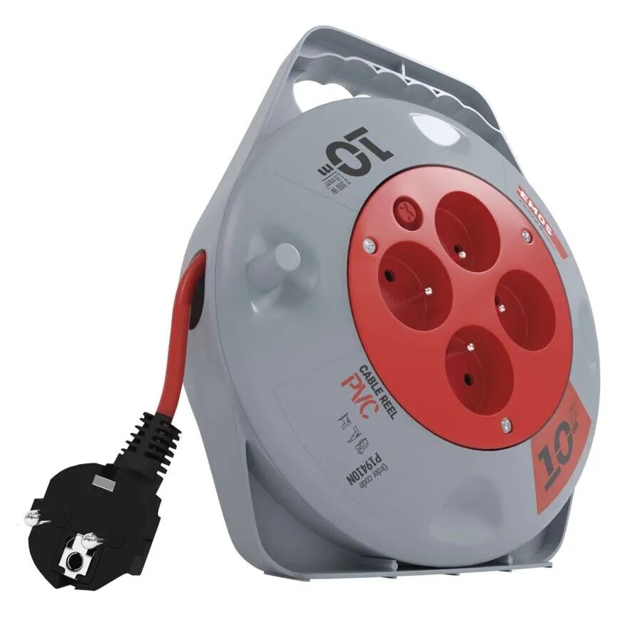 Predlžovací kábel na bubne so 4 zásuvkami 10 m sivá/červená