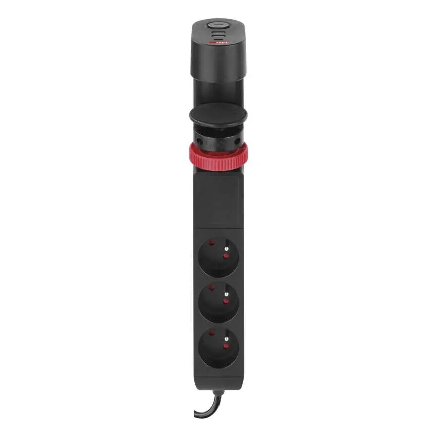 Predlžovací kábel s uchytením na stôl 3Z + 3xUSB 1,5m čierna