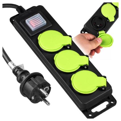 Predlžovací kábel s vypínačom, 3 zásuvky, 5 m, IP44