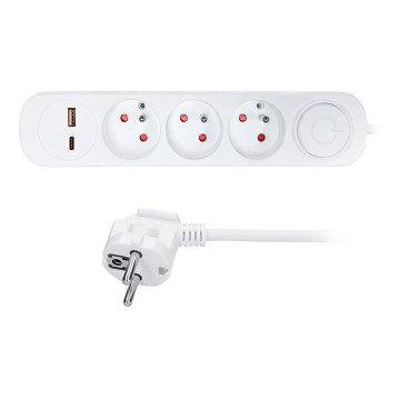Predlžovací kábel s vypínačom, 3 zásuvky a USB A+C na nabíjanie, 2 m