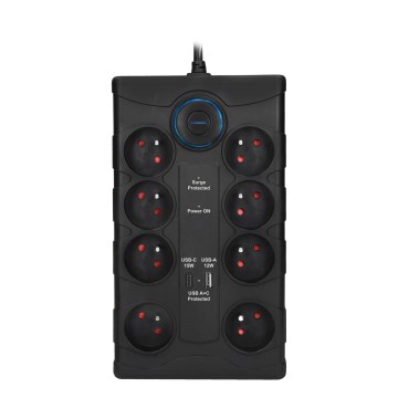 Predlžovací kábel s vypínačom, 8 zásuviek, Typ E + 1x USB-A + 1x USB-C, 2 m, čierny
