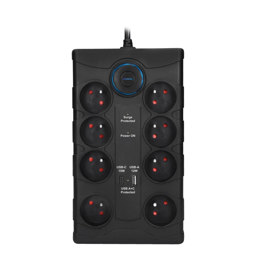 Predlžovací kábel s vypínačom, 8 zásuviek, Typ E + 1x USB-A + 1x USB-C, 2 m, čierny