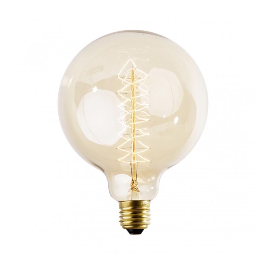 Žiarovka svieti. Je guľatá, jantárovej farby, s viditeľným vnútorným vinutím vlákna. Nachádza sa na bielom pozadí.