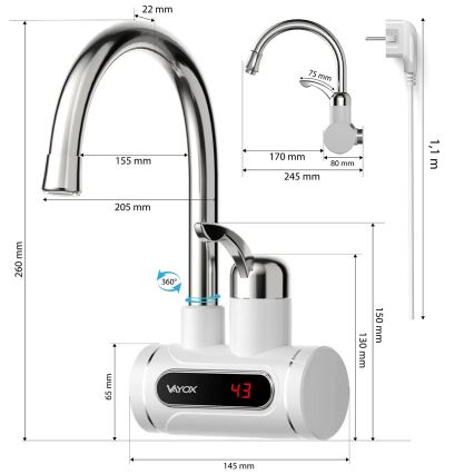 Prietokový ohrievač vody s LED displejom 3000W/230V IPX4 biela