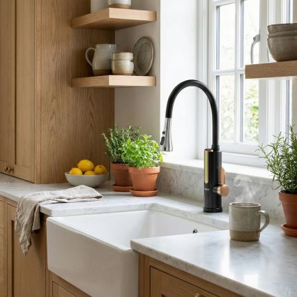 Prietokový ohrievač vody s LED displejom 3000W/230V IPX4 čierna/zlatá