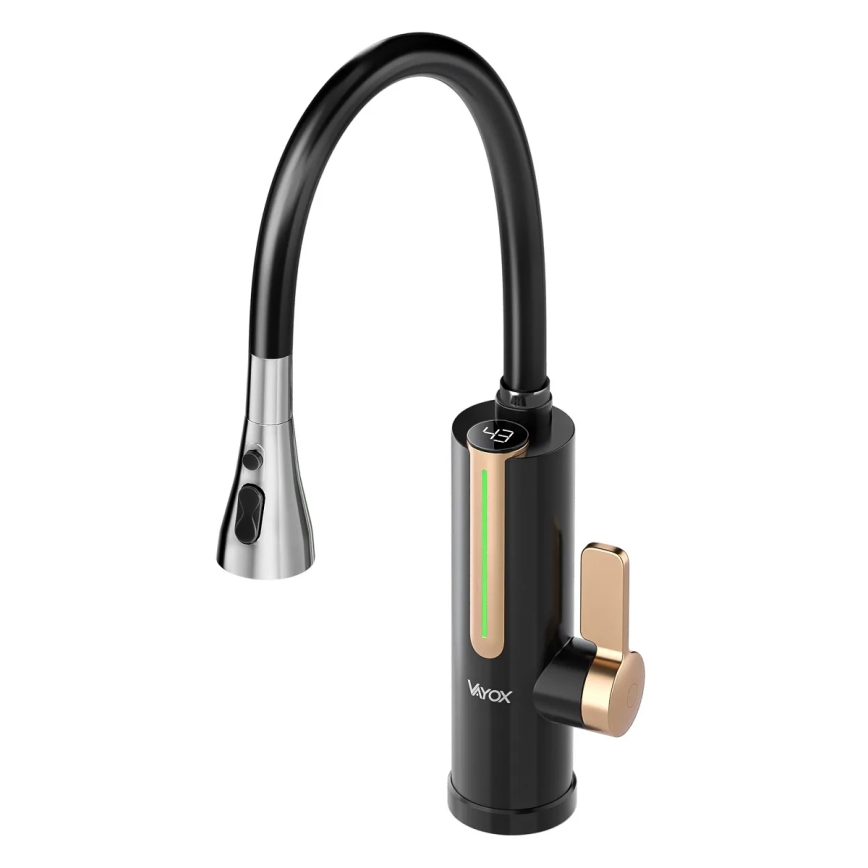 Prietokový ohrievač vody s LED displejom 3000W/230V IPX4 čierna/zlatá