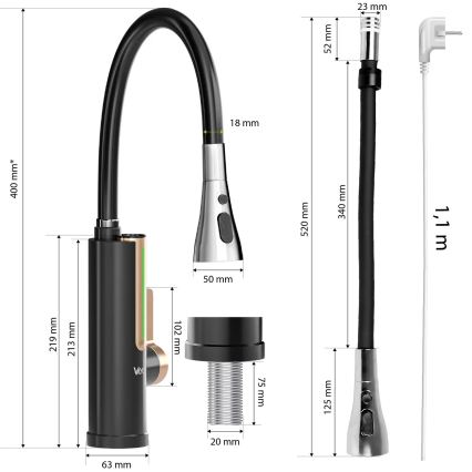 Prietokový ohrievač vody s LED displejom 3000W/230V IPX4 čierna/zlatá