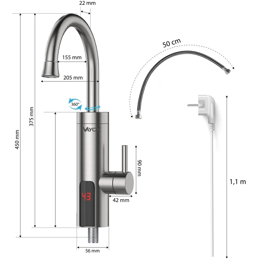 Prietokový ohrievač vody s LED displejom 3000W/230V IPX4 nerezová oceľ