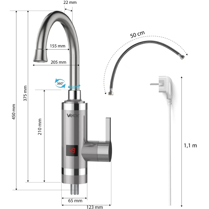 Prietokový ohrievač vody s LED displejom 3000W/230V IPX4 nerezová oceľ