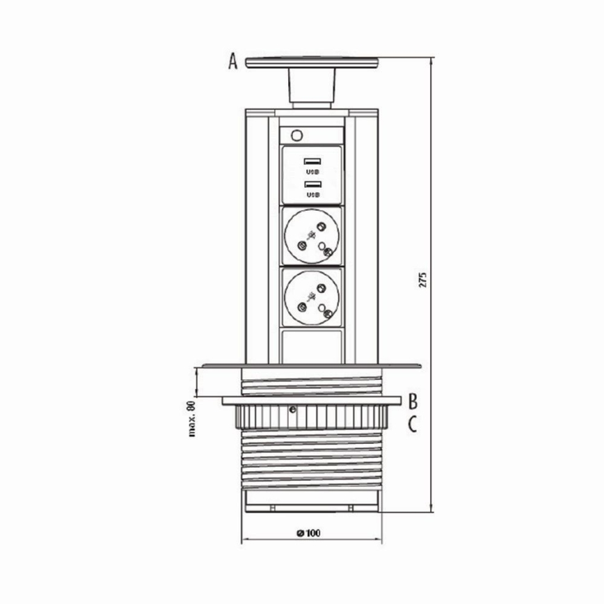 Prípojný zásuvkový stĺpik na dosku stola 2x230V +USB-A 3,1A +UBS-C 15,5W 230V