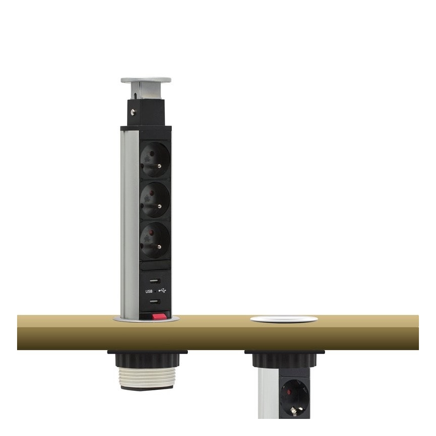 Prípojný zásuvkový stĺpik na dosku stola 3x230V + 2xUSB