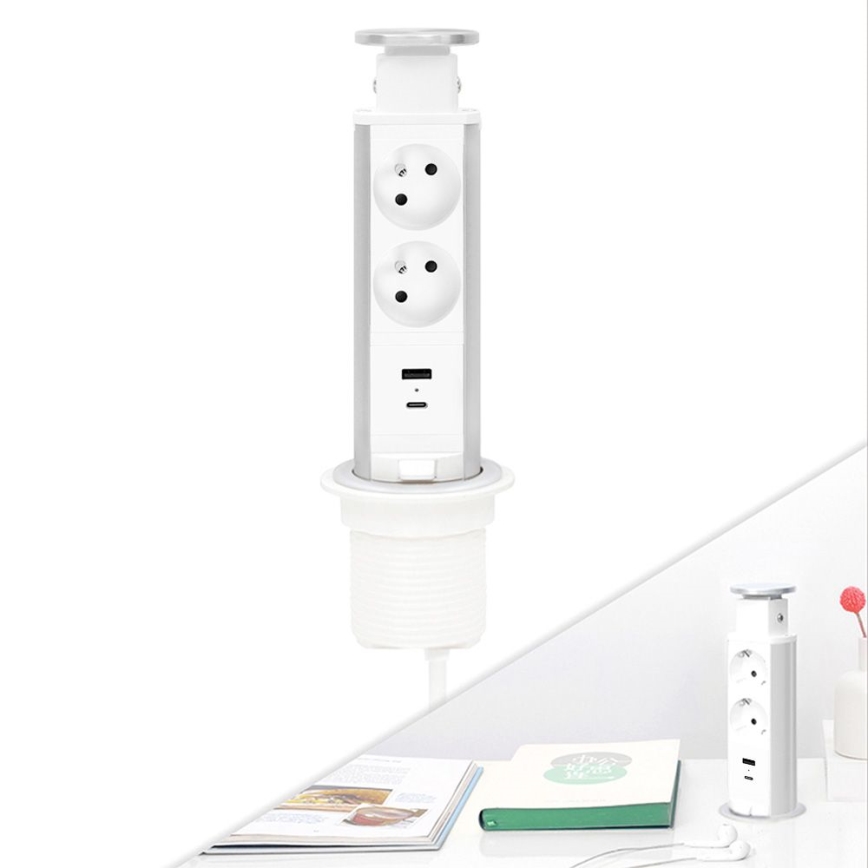 Pripojovací zásuvkový stĺpik na dosku stola 2x230V + USB-A + USB-C