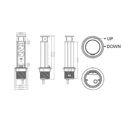 Pripojovací zásuvkový stĺpik na dosku stola 2x230V + USB-A + USB-C
