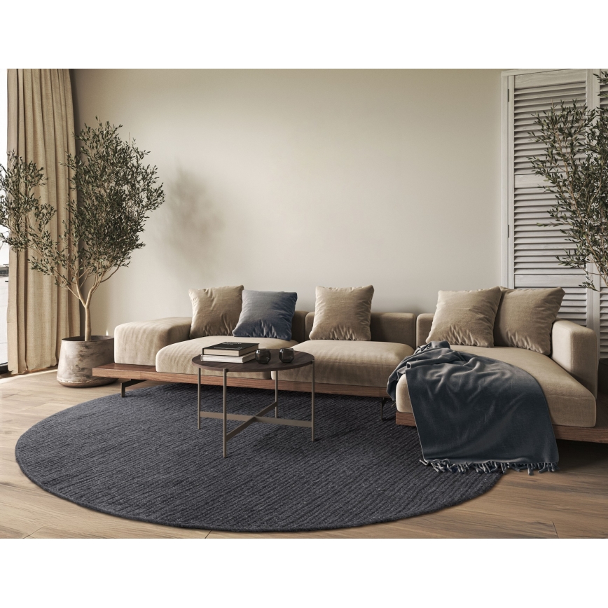 Prírodný okrúhly koberec FIR WOOL 160 cm 2600 g/m2 antracit