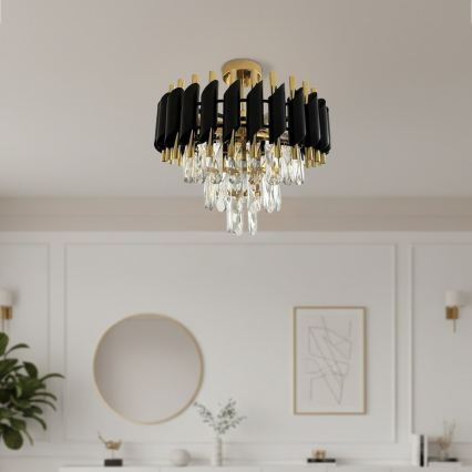Prisadený luster CRISTAL 5xE14/10W/230V priemer 38 cm čierna/zlatá