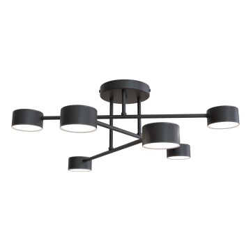 Stropná lampa s piatimi valcovitými tienidlami svieti. Tienidlá sú čiernej farby, pripevnené k čiernym kovovým ramenám, ktoré vychádzajú z kruhového stropného držiaka. Lampa je na bielom pozadí.