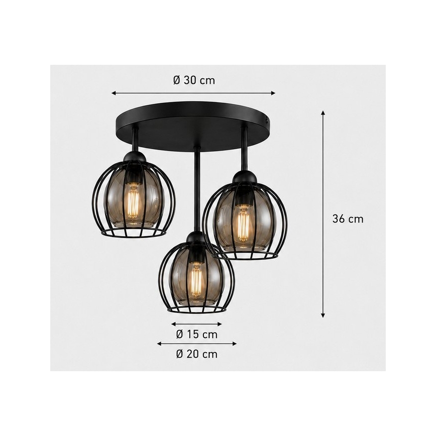 Prisadený luster SOLO BLACK 3xE27/60W/230V čierna/dymová pr. 30 cm