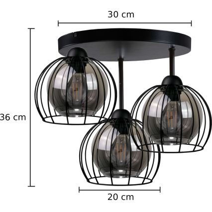 Prisadený luster SOLO BLACK 3xE27/60W/230V čierna/dymová pr. 30 cm