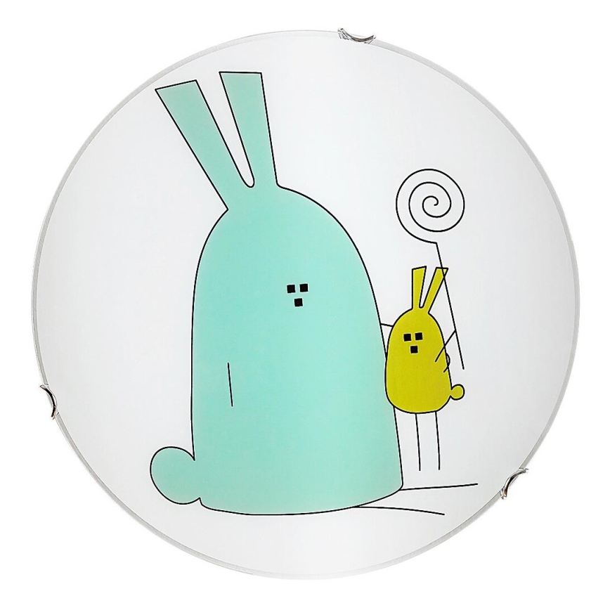 Okrúhle stropné svietidlo s obrázkom dvoch zajacov: väčší svetlomodrý a menší žltý, ktorý drží lízanku. Svietidlo je na bielom pozadí.