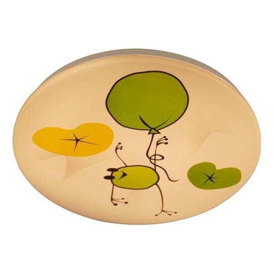 Okrúhle stropné svietidlo zobrazuje kresbu postavičky držiacej sa zeleného balóna s ďalšími žltými a zelenými prvkami. Svietidlo je béžové.