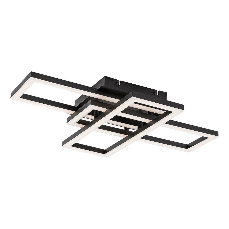 Svietidlo svieti. Je čierne, zložené z prekrývajúcich sa obdĺžnikových rámov s vnútorným LED osvetlením. Pripevňuje sa na strop.