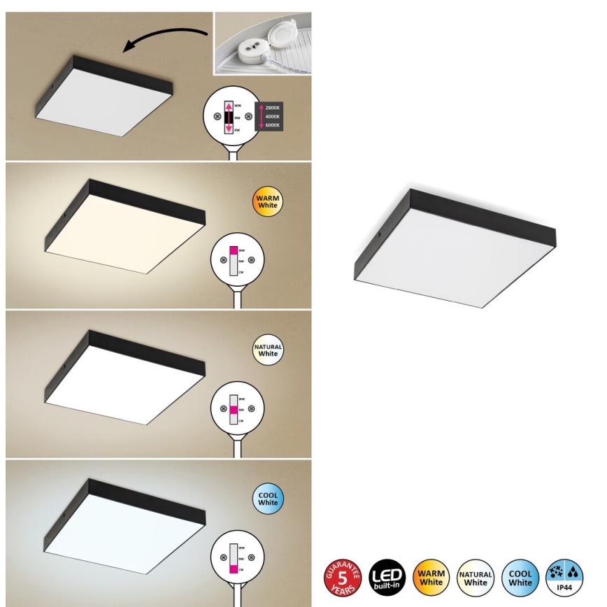 Rabalux - LED stropné svietidlo LED/24W/230V 2800-6000K IP44 čierna 30x30 cm