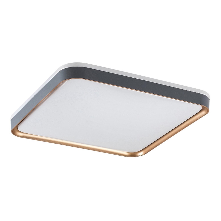 Štvorcové stropné svietidlo s bielym difúzorom a rámom v sivej a zlatej farbe je zobrazené na bielom pozadí.