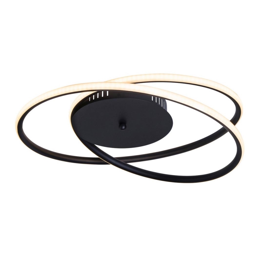 Svietidlo s dvoma prekrývajúcimi sa kruhovými LED pásikmi v čiernej farbe. Svietidlo je pripevnené k stropu a vyžaruje svetlo.