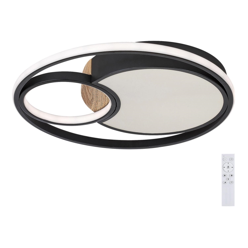 Svietidlo s oválnym tvarom, čiernou a drevenou povrchovou úpravou, svieti, ovládané diaľkovým ovládaním.