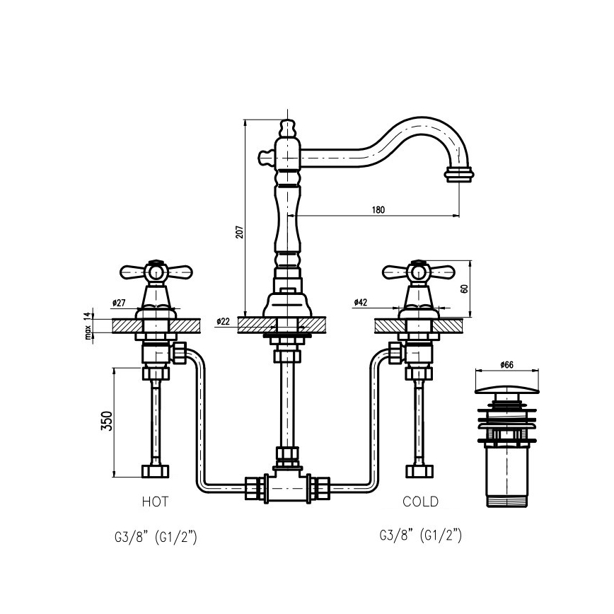 RAV Slezák MK132.0SM - Umývadlová batéria + výpusť MORAVA RETRO stará mosadz