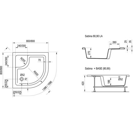 Ravak A217001020 - Štvrťkruhová sprchová vanička SABINA 90x90 cm biela