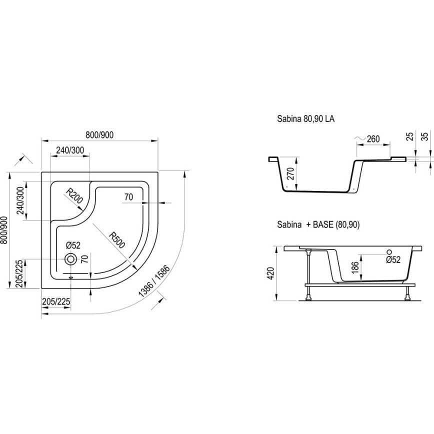Ravak A217001020 - Štvrťkruhová sprchová vanička SABINA 90x90 cm biela