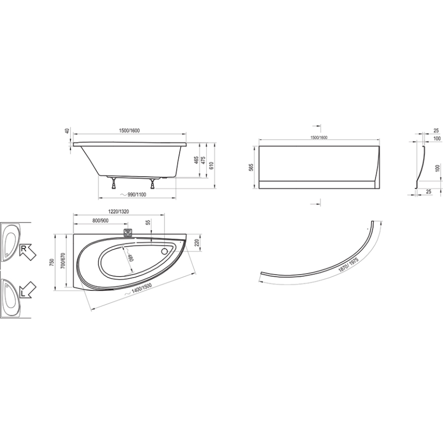 Ravak CS01000000 - Rohová vaňa AVOCADO 150x75 cm akrylát/biela