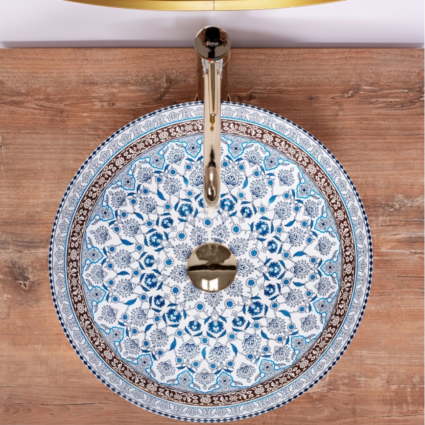 REA-U0267 - Umývadlo na dosku ARTE, priemer 40 cm, keramika s ornamentálnym vzorom