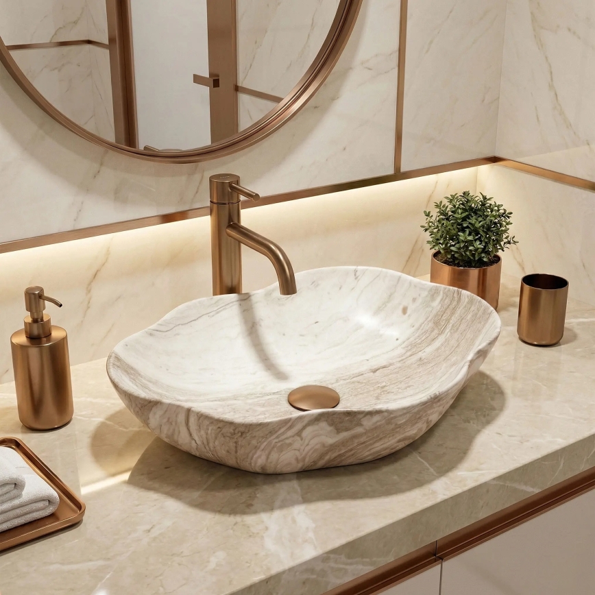 REA-U0618 - Umývadlo na dosku PEARL 38x50,5 cm keramika/béžová/imitácia kameňa