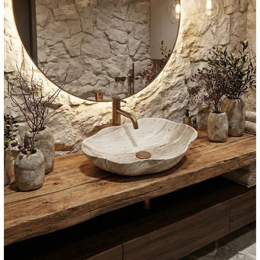 REA-U0618 - Umývadlo na dosku PEARL 38x50,5 cm keramika/béžová/imitácia kameňa