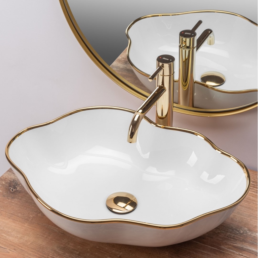 REA-U0696 - Umývadlo na dosku PEARL 38x50,5 cm keramika/lesklá biela/zlatá