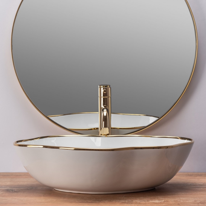 REA-U0696 - Umývadlo na dosku PEARL 38x50,5 cm keramika/lesklá biela/zlatá