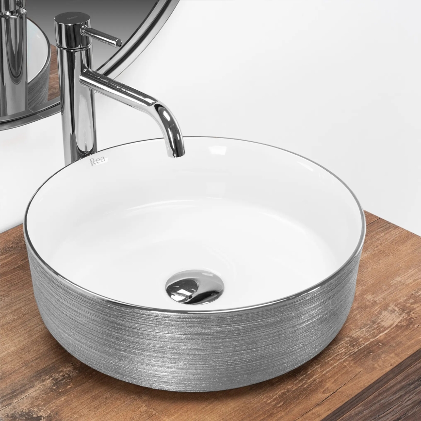REA-U3304 - Umývadlo na dosku SAMI, priemer 36 cm, keramika/biela/strieborná