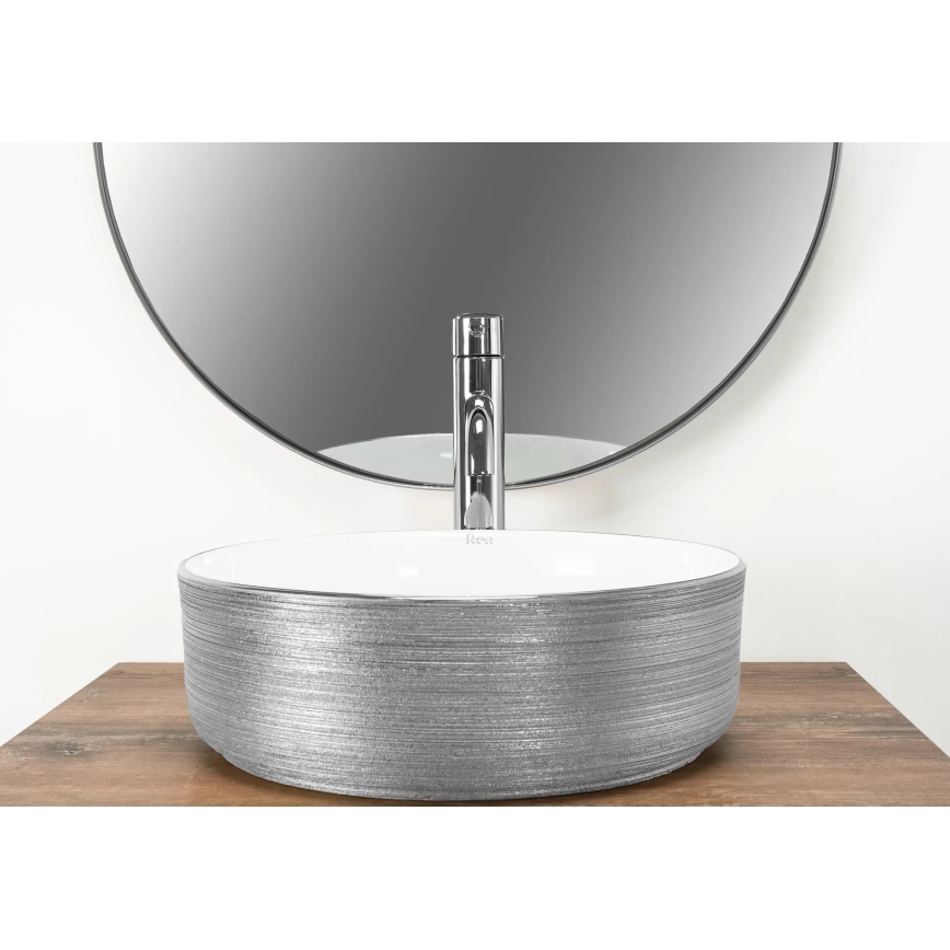 REA-U3304 - Umývadlo na dosku SAMI, priemer 36 cm, keramika/biela/strieborná