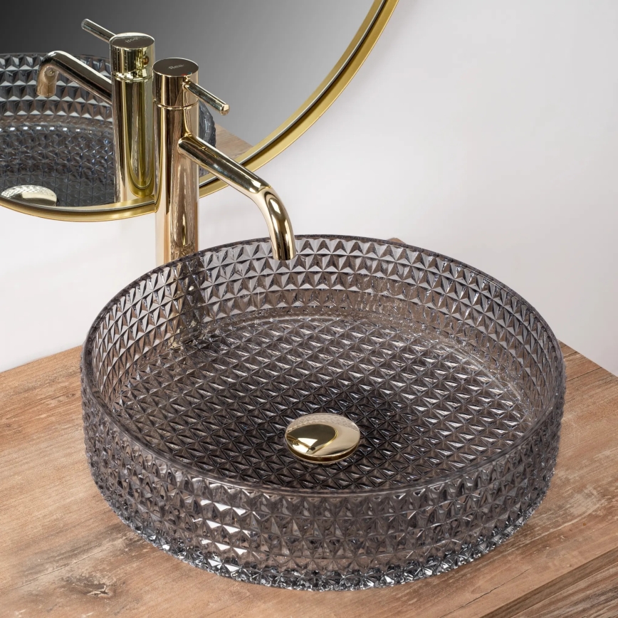 REA-U8880 - Umývadlo na dosku CRISTAL priemer 39 cm sklo/dymová sivá